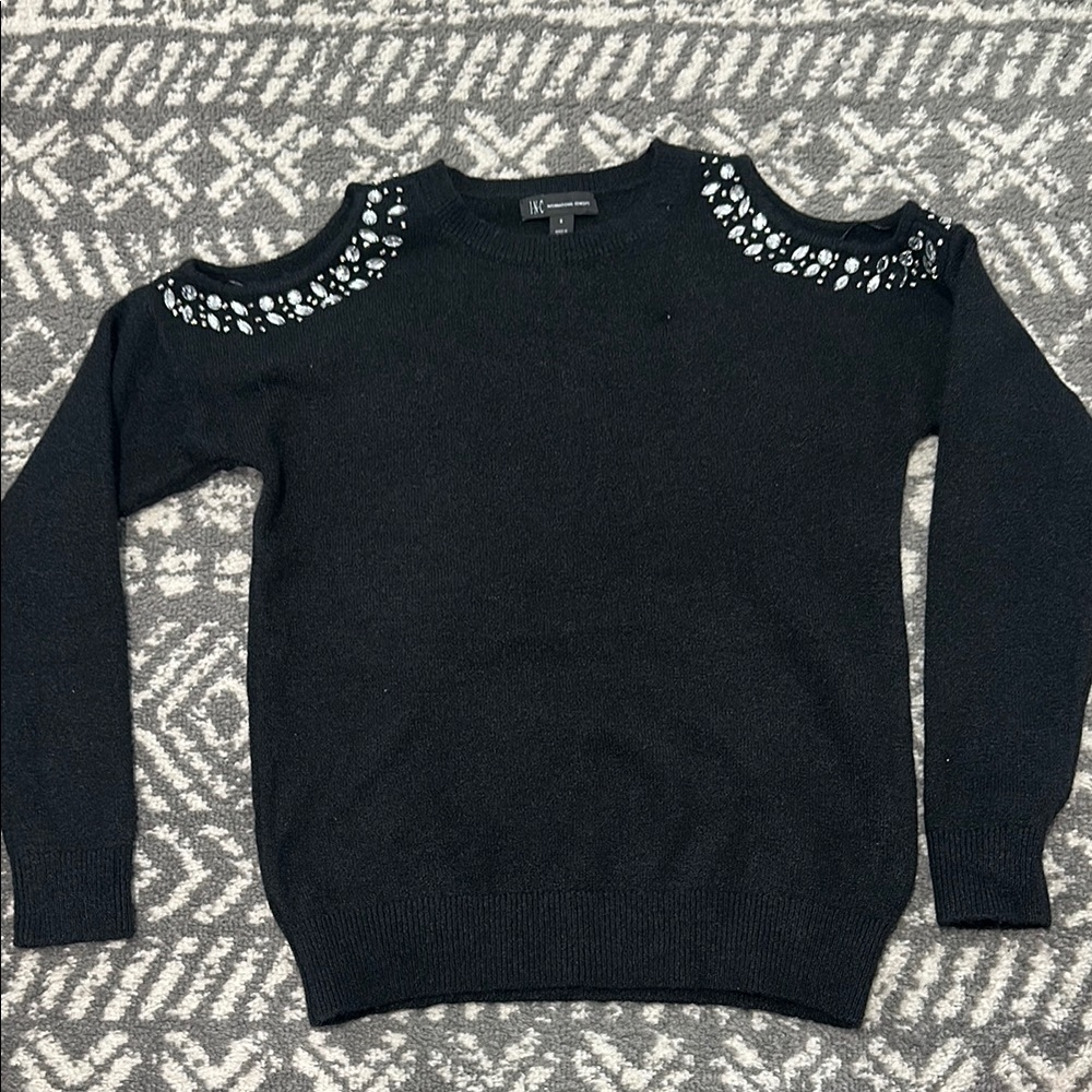 Embellished Black Cold Shoulder Sweater - Picture 2 of 5